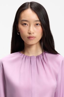 Collarless regular-fit blouse in stretch silk, Purple