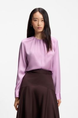 Collarless regular-fit blouse in stretch silk, Purple