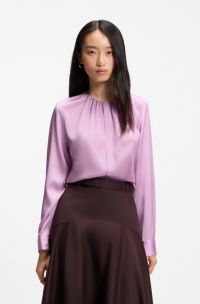 Collarless regular-fit blouse in stretch silk, Purple
