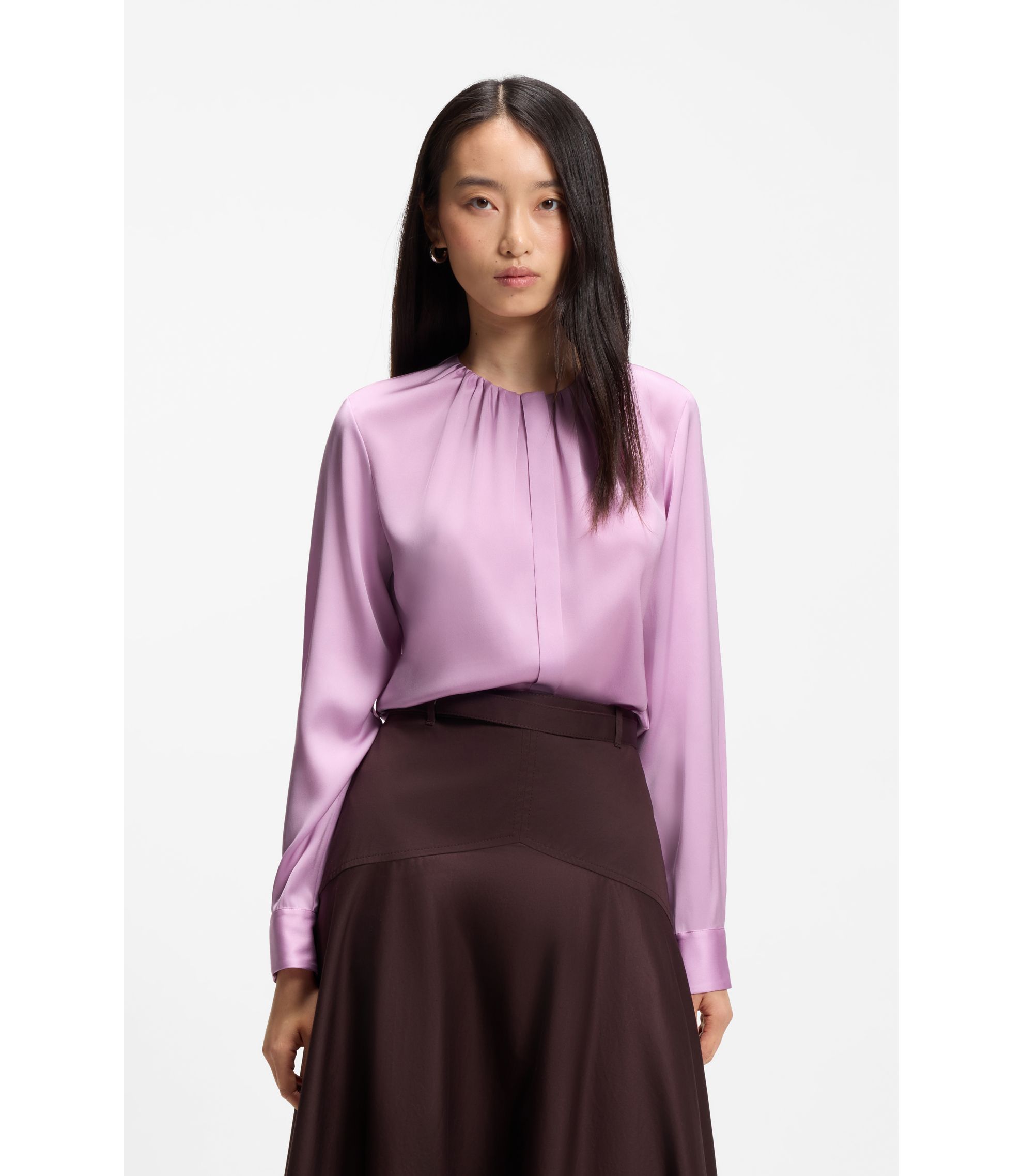 BOSS - Collarless regular-fit blouse in stretch silk - Purple