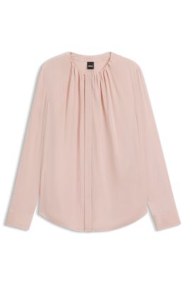 Collarless regular-fit blouse in stretch silk, Light Purple