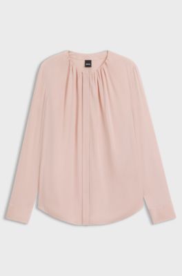 Collarless regular-fit blouse in stretch silk, Light Purple