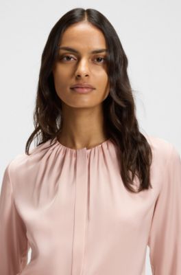 Collarless regular-fit blouse in stretch silk, Light Purple