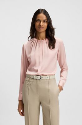 Collarless regular-fit blouse in stretch silk, Light Purple