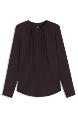 Collarless regular-fit blouse in stretch silk, Light Purple