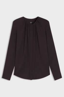 Collarless regular-fit blouse in stretch silk, Light Purple