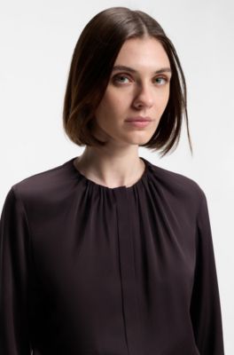 Collarless regular-fit blouse in stretch silk, Light Purple