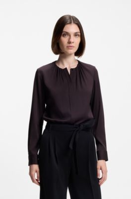 Collarless regular-fit blouse in stretch silk, Light Purple