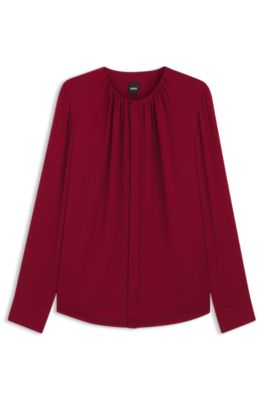 Collarless regular-fit blouse in stretch silk, Dark Red