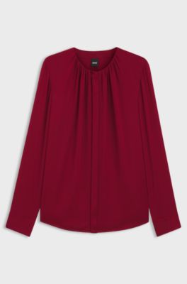 Collarless regular-fit blouse in stretch silk, Dark Red