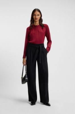 Collarless regular-fit blouse in stretch silk, Dark Red