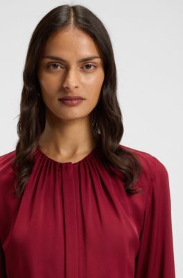 Collarless regular-fit blouse in stretch silk, Dark Red