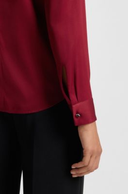 Collarless regular-fit blouse in stretch silk, Dark Red