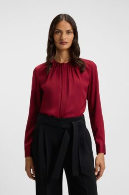 Collarless regular-fit blouse in stretch silk, Dark Red