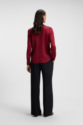 Collarless regular-fit blouse in stretch silk, Dark Red