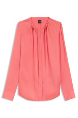 Collarless regular-fit blouse in stretch silk, Light Red