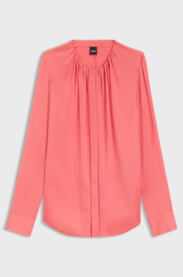 Collarless regular-fit blouse in stretch silk, Light Red