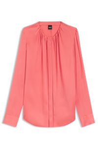 Collarless regular-fit blouse in stretch silk, Light Red