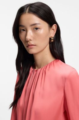 Collarless regular-fit blouse in stretch silk, Light Red