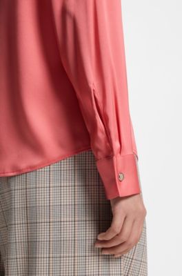 Collarless regular-fit blouse in stretch silk, Light Red