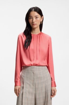 Collarless regular-fit blouse in stretch silk, Light Red