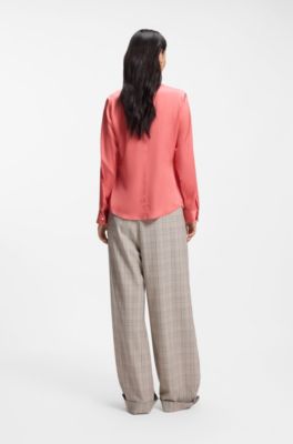 Collarless regular-fit blouse in stretch silk, Light Red