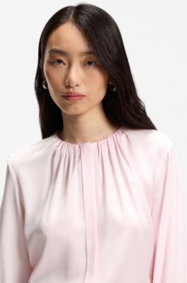 Collarless regular-fit blouse in stretch silk, Light Pink