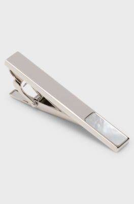 Brass tie clip with mother-of-pearl insert, White