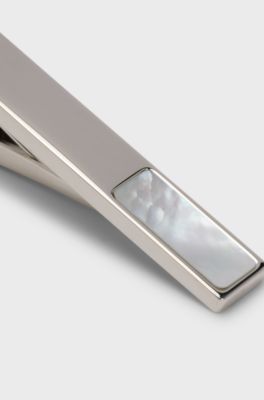 Brass tie clip with mother-of-pearl insert, White