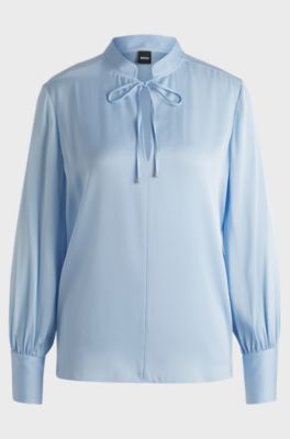Relaxed-fit blouse in stretch silk with keyhole neckline, Light Blue