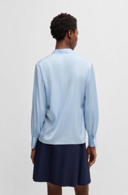 Relaxed-fit blouse in stretch silk with keyhole neckline, Light Blue