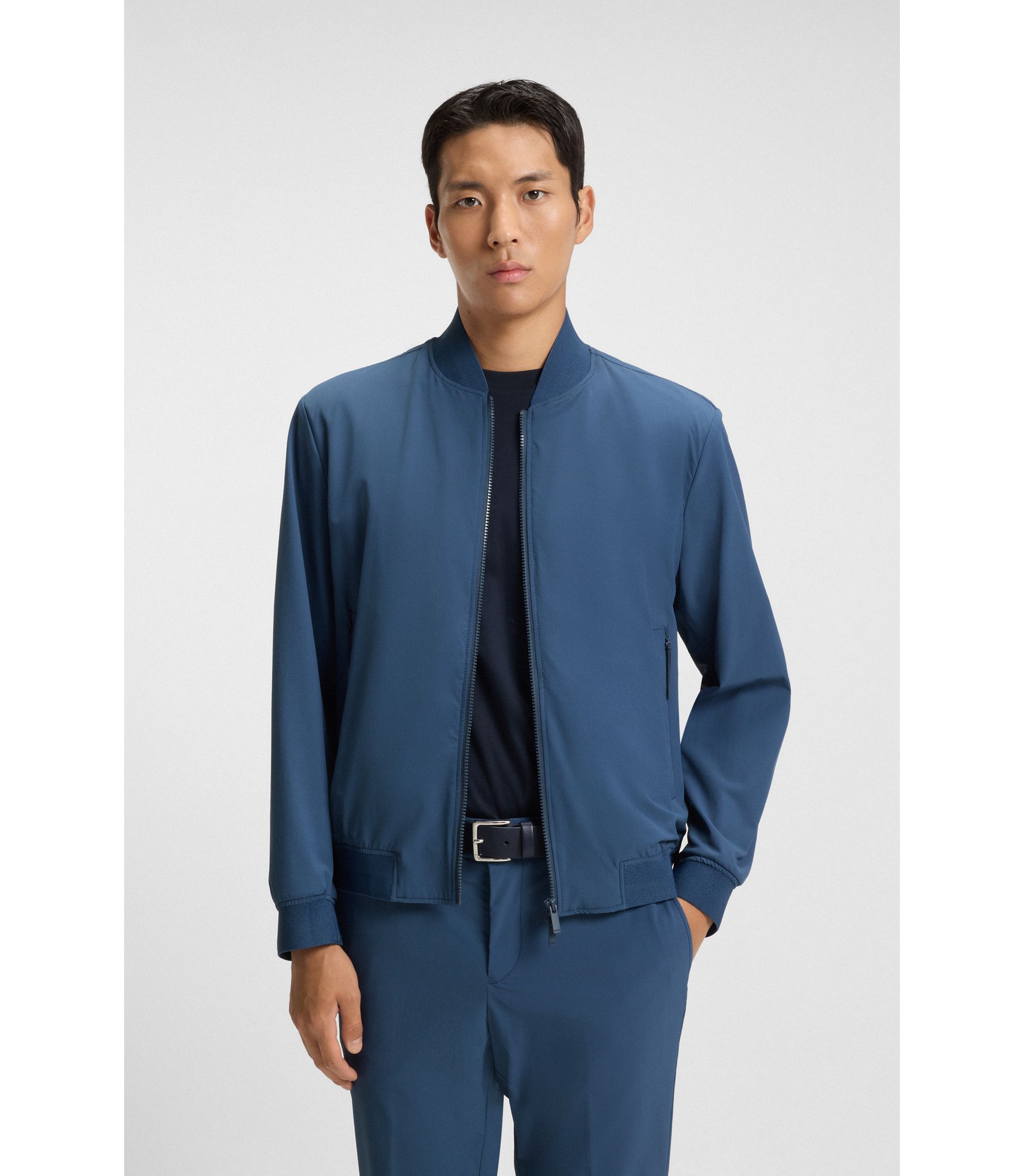BOSS - Slim-fit blouson jacket with knitted trims - Blue