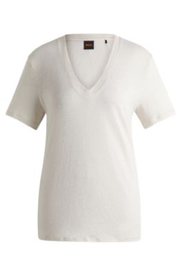 T-shirt con scollo a V in lino leggero, Bianco