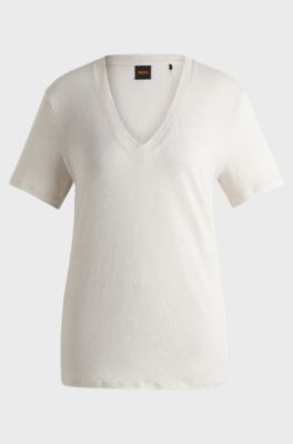 V-neck T-shirt in lightweight linen, White