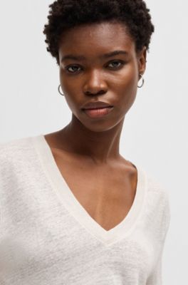 T-shirt con scollo a V in lino leggero, Bianco
