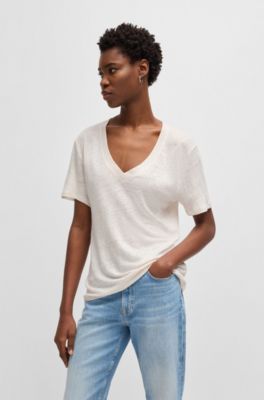 T-shirt con scollo a V in lino leggero, Bianco