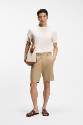 Tapered-fit shorts in cotton, silk and stretch, Beige