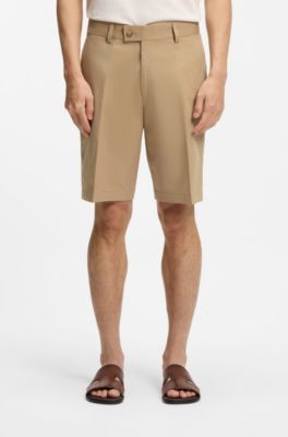 Tapered-fit shorts in cotton, silk and stretch, Beige