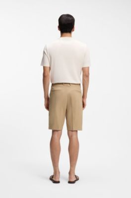 Tapered-fit shorts in cotton, silk and stretch, Beige