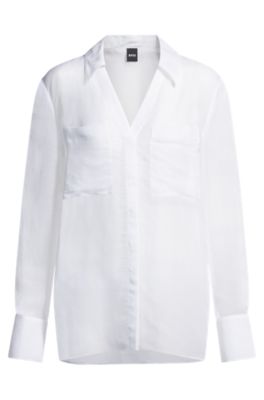 Chemisier &agrave; col&nbsp;V en ramie avec d&eacute;tail au niveau du col, Blanc