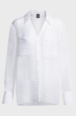 V-neck blouse in ramie with collar detail, White
