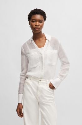 V-neck blouse in ramie with collar detail, White