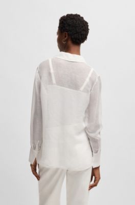 Chemisier &agrave; col&nbsp;V en ramie avec d&eacute;tail au niveau du col, Blanc