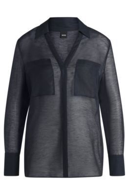 Chemisier &agrave; col&nbsp;V en ramie avec d&eacute;tail au niveau du col, Bleu fonc&eacute;