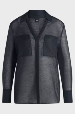 V-neck blouse in ramie with collar detail, Dark Blue