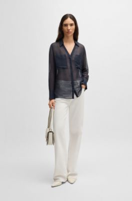 V-neck blouse in ramie with collar detail, Dark Blue