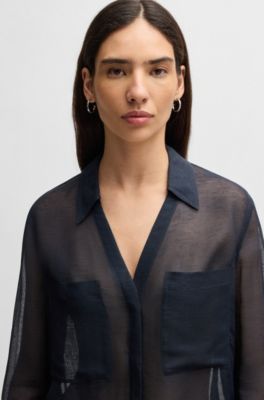V-neck blouse in ramie with collar detail, Dark Blue