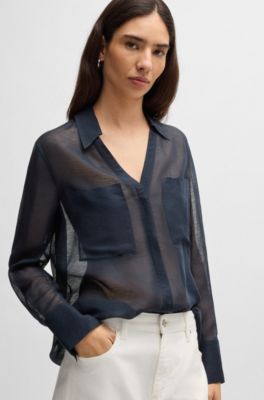 V-neck blouse in ramie with collar detail, Dark Blue