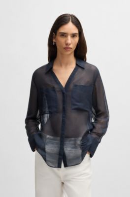 V-neck blouse in ramie with collar detail, Dark Blue