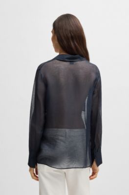 V-neck blouse in ramie with collar detail, Dark Blue